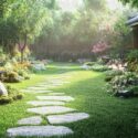 A beautifully landscaped garden features a stone pathway, lush grass, and colorful flowers under soft sunlight.